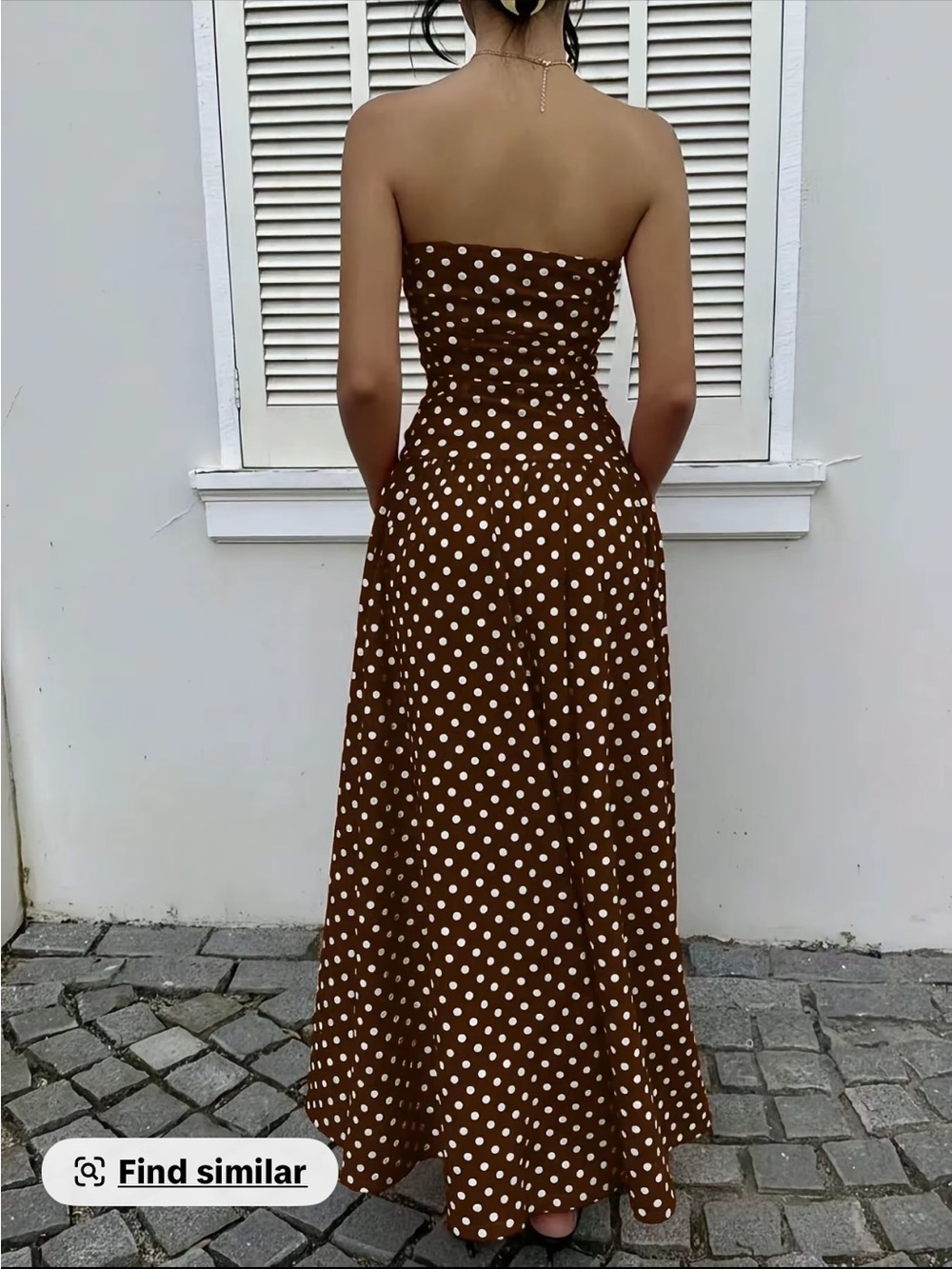 Elegant Strapless Brown Polka Dot Maxi Dress - Picture 3 of 6